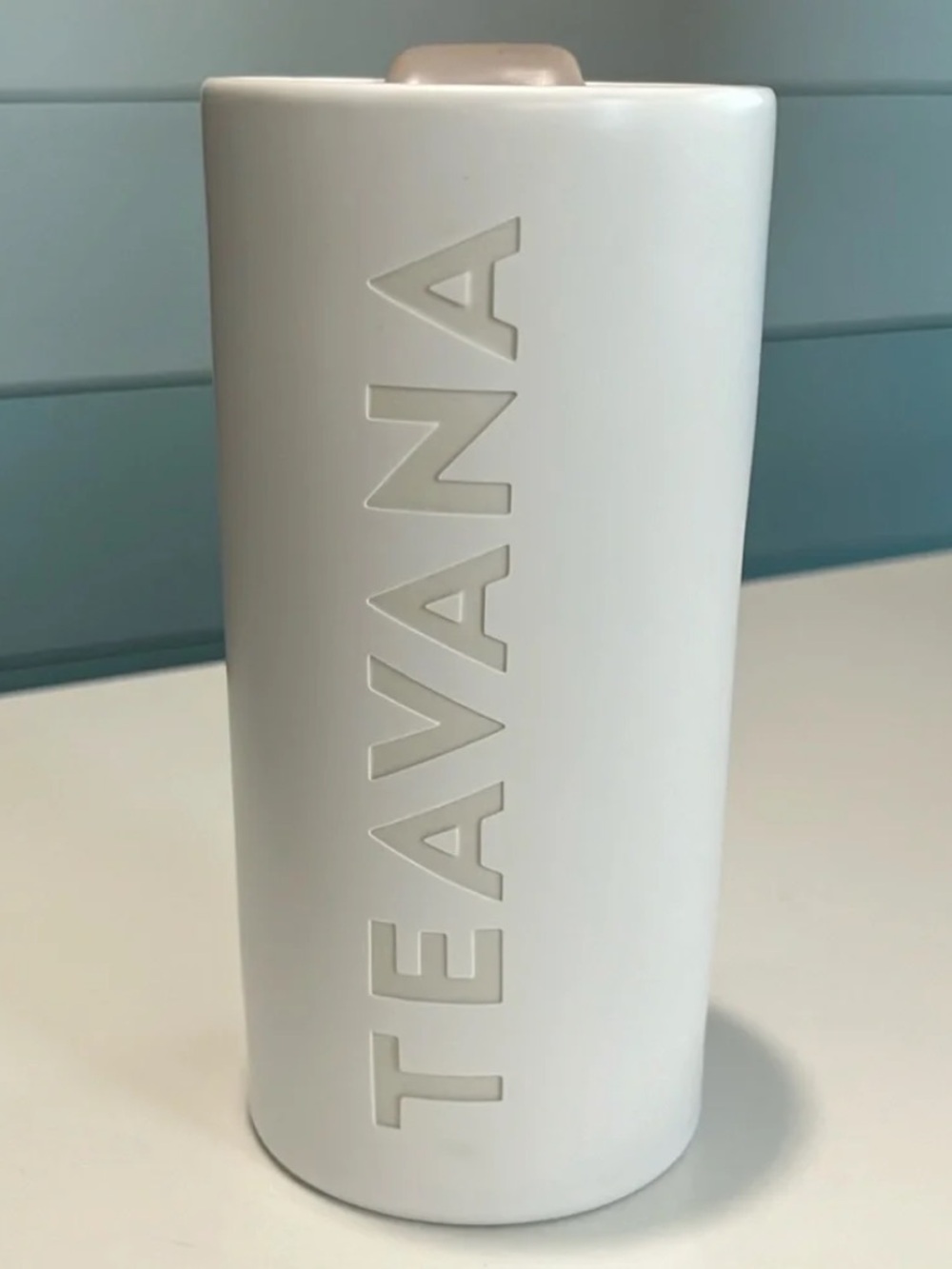 Teavana engraved off white ceramic travel mug with lid EUC